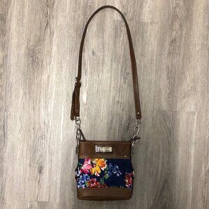 Chaps Floral Crossbody Purse Vegan Leather Trim Multicolor Adjustable Strap Bag